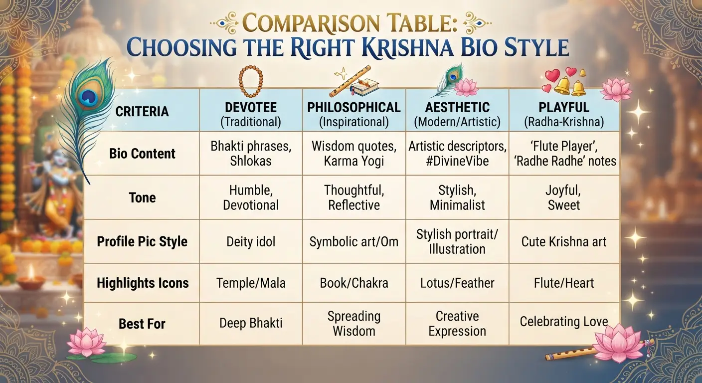 Comparison Table: Choosing the Right Krishna Bio Style