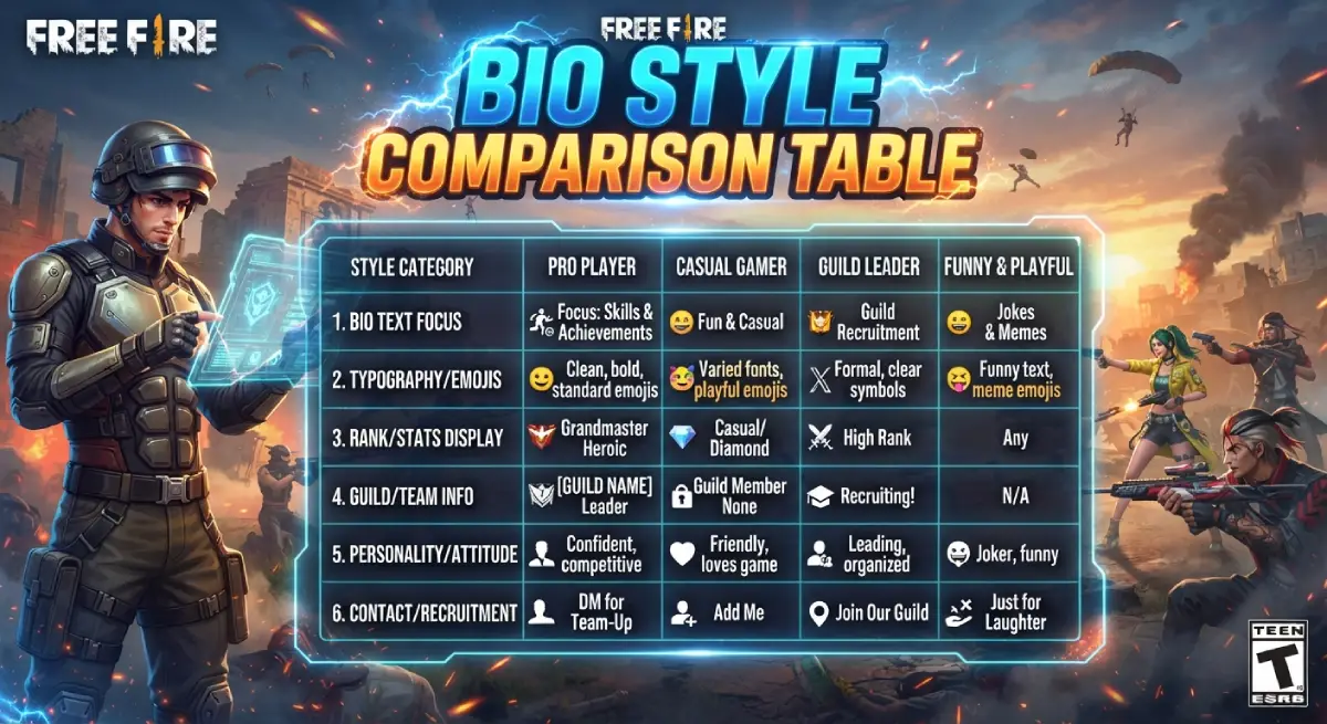 Free Fire Bio Style Comparison Table
