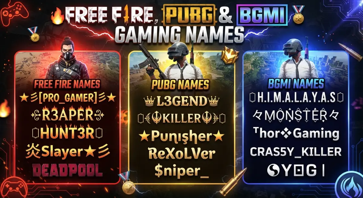 Free Fire, PUBG & BGMI Gaming Names