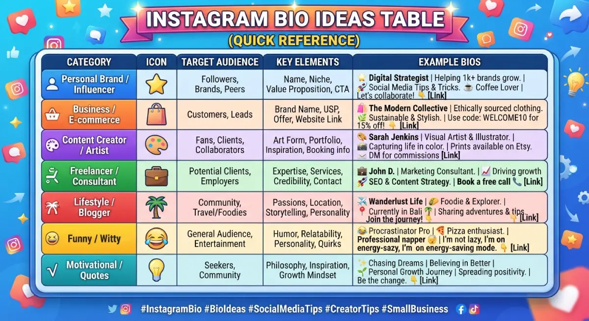 Instagram Bio Ideas Table (Quick Reference)